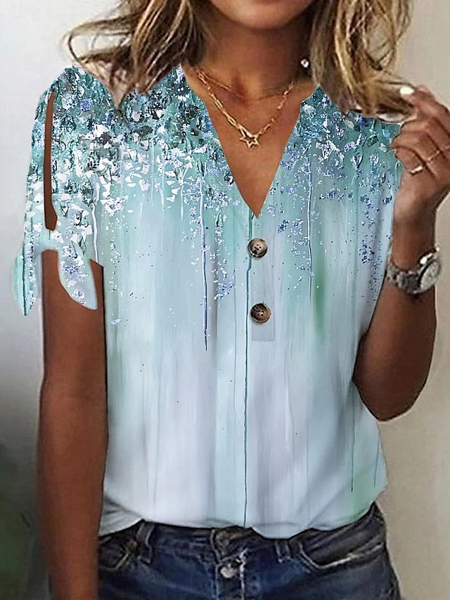 Women's T shirt Tee Graphic Print V Neck Tie Short Sleeve