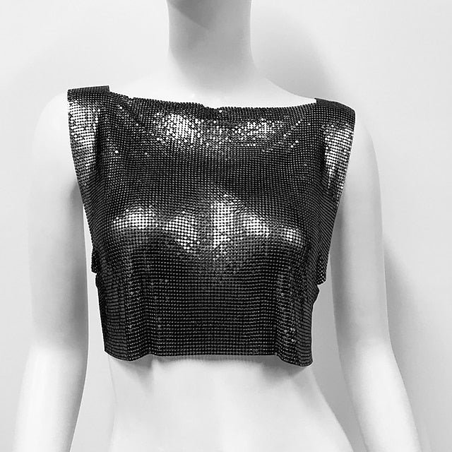 Metallic Sparkle Sexy Crop Tank Top Disco Solid Color Fancy