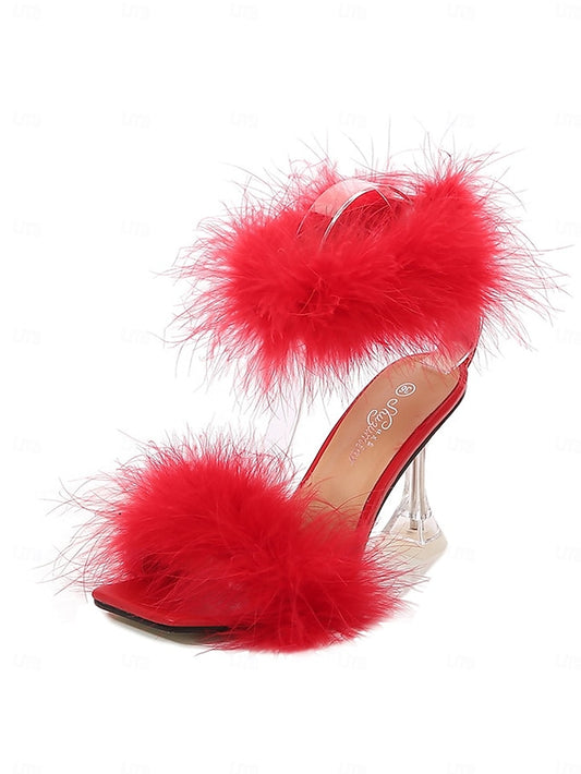Clear with High Turquoise Feather-Embellished Heel Sandals
