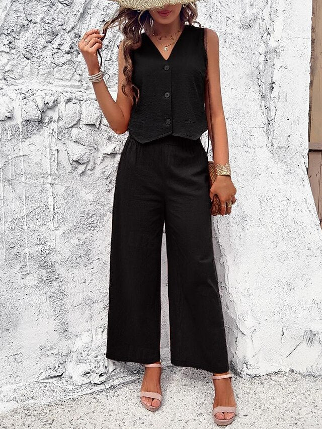 Women's Cotton Blend Vest Layered V-Neck Top Buttoned Crop