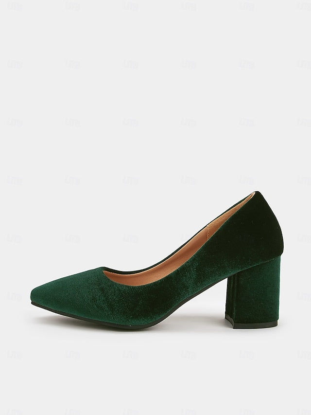 - Pointed Green Elegant Velvet Heel Block Toe Pumps Women's