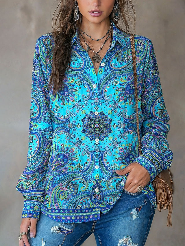 Women's Shirt Buttons Print Graphic Paisley Vintage Stylish