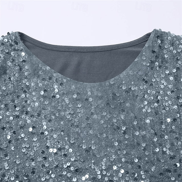 Women's T Shirt Tee Top Sequins Patchwork Solid Color