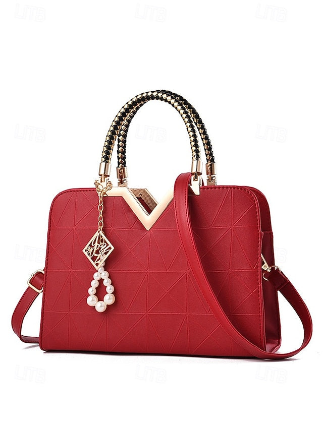 Women's Faux Leather Handbag with Pearl Pendant – Elegant