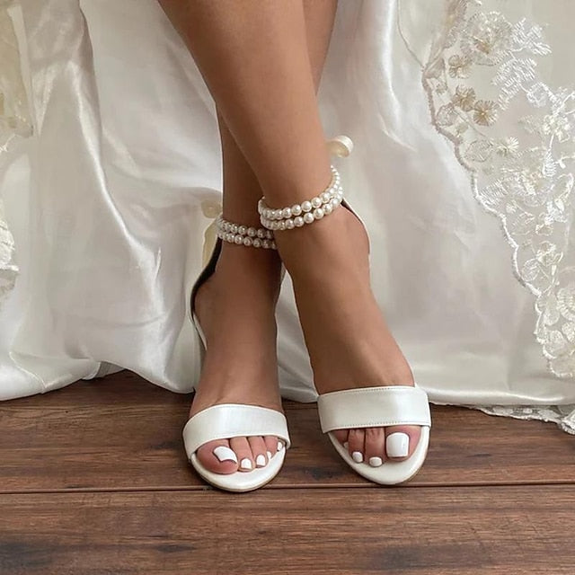 Anklet and Block White Wedding Heels Satin Pearl with Sandals -