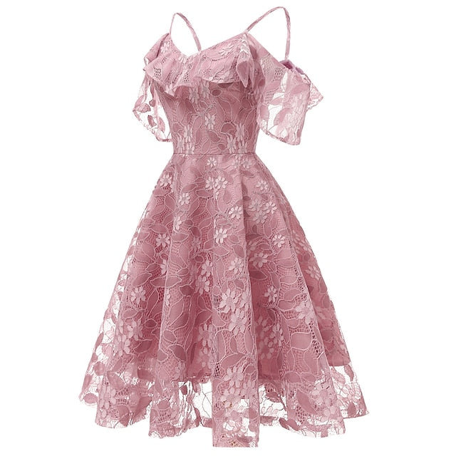 A-Line Knee Length Prom Dresses Elegant Vintage Short Sleeve V