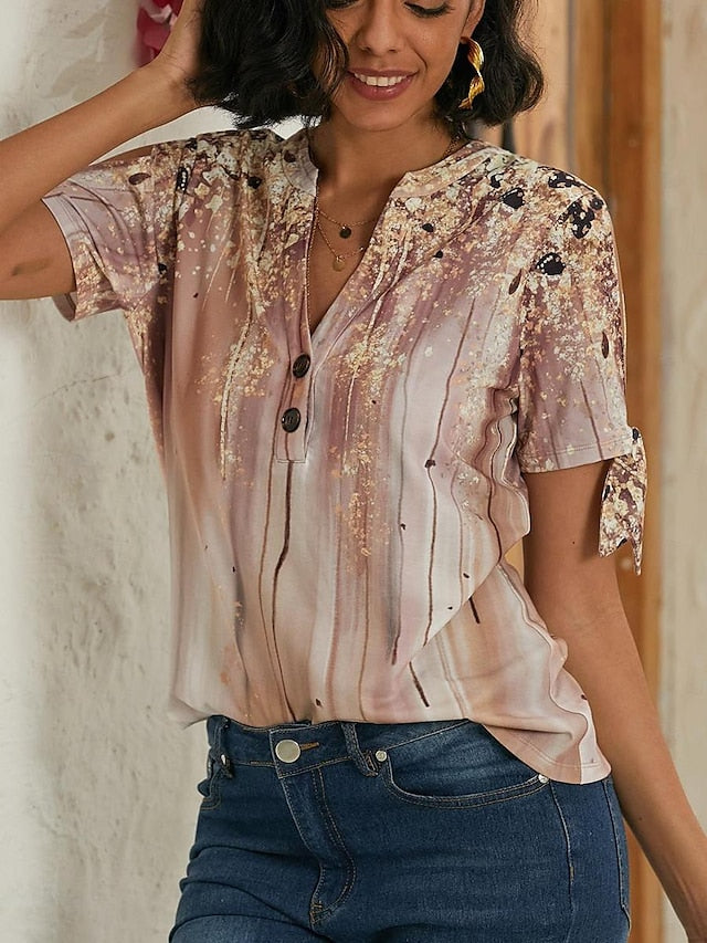 Women's T shirt Tee Graphic Print V Neck Tie Short Sleeve