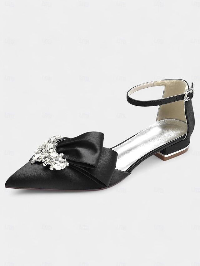 Rhinestone Satin Pointed-Toe Ankle White and Heels with Bow