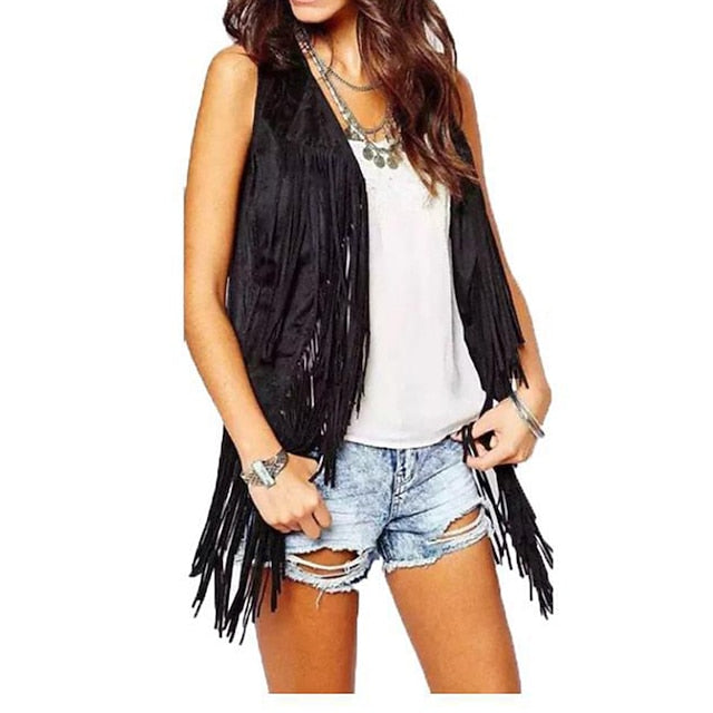 Retro Vintage 1970s Suede Vest Sleeveless Hippie Tassel Fringe
