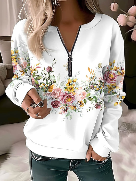 Women's Quarter Zipper Sweater Pullover Floral Butterfly