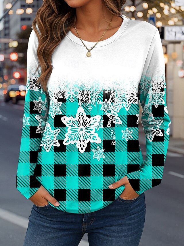 Women's T Shirt Print Graphic Plaid Snowflake Vintage