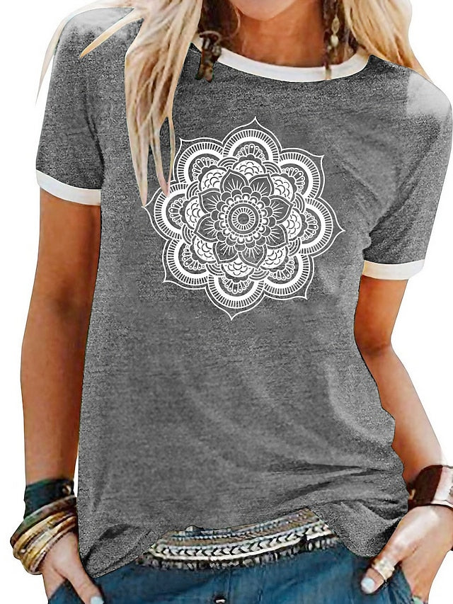 Women's T Shirt Patchwork Print Floral Graphic Mandala
