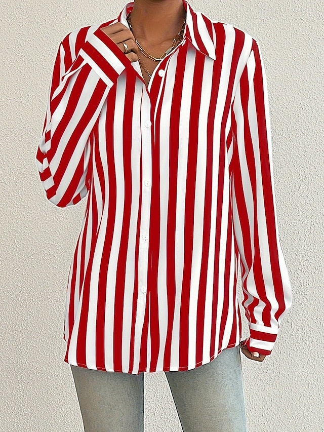 Women's Shirt Blouse Patchwork Buttons Striped Elegant
