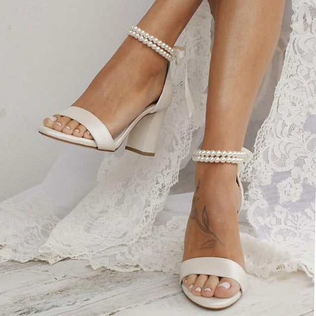 Anklet and Block White Wedding Heels Satin Pearl with Sandals -