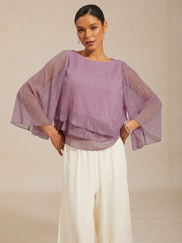 Women's Blouse Chiffon Tops Pleated Layered Metallic