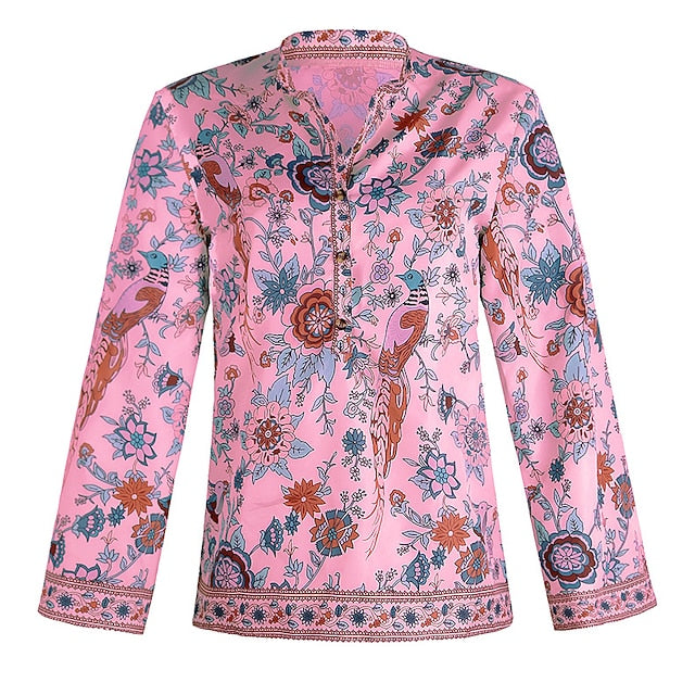 Women's Shirt Blouse Yellow Pink Dusty Rose Graphic Floral