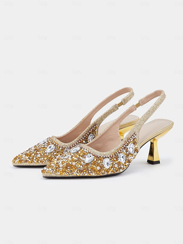 with Slingback Pearl Heels Rhinestone Women's Gold