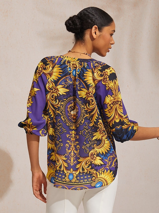 Midnight Blue Baroque Chiffon 3/4 Sleeves Top