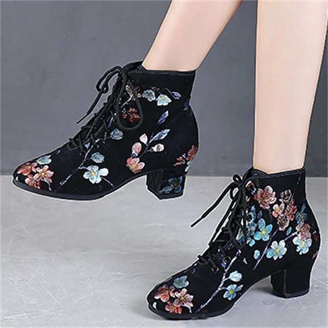 Black Low Floral Lace-up Comfortable Women Dance Shoes for –