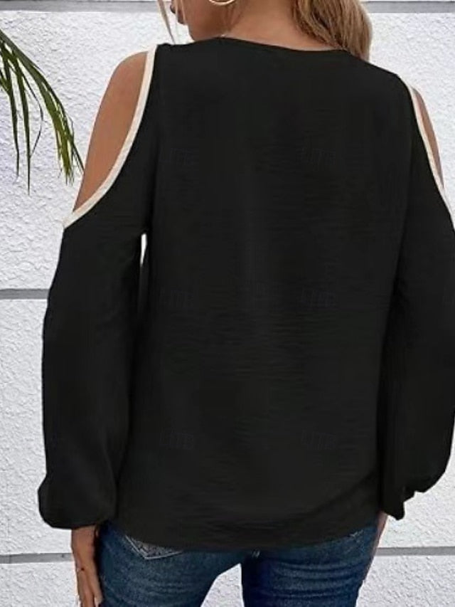 Women's Shirt Blouse Patchwork Cut Out Solid Color Basic