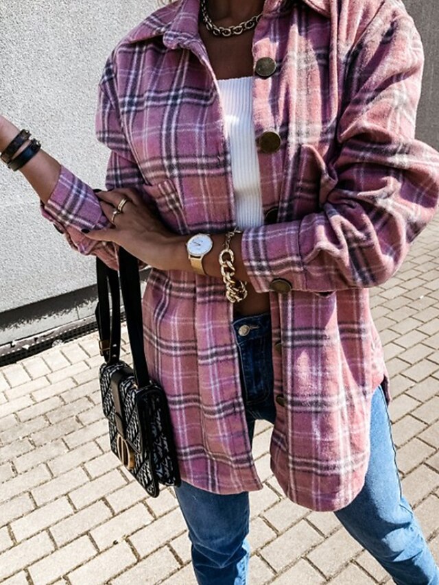 Women's Shirt Blouse Pocket Buttons Plaid Stylish Long