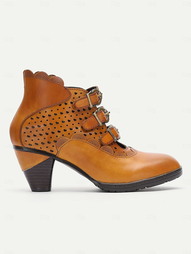 Strap Perforated Boots Brown - Ankle Vintage Women's Buckle