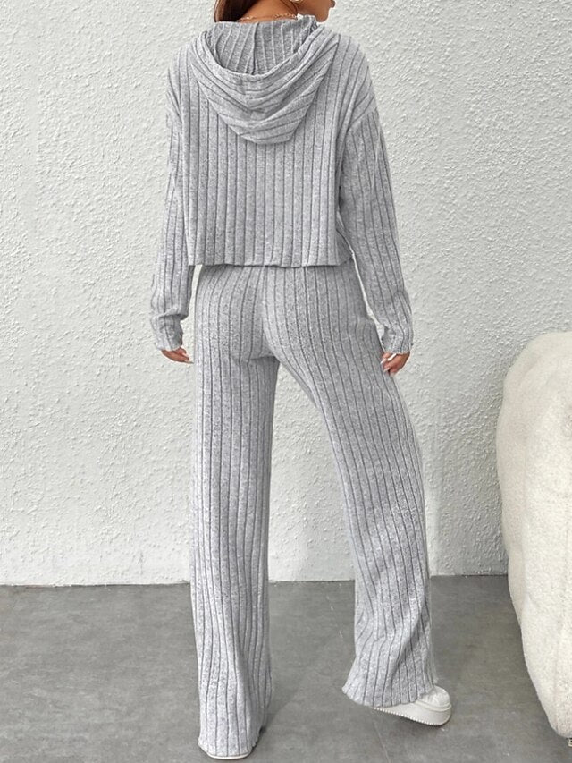 Women's Pants Sets Bolero Top Long Sleeve Hooded Solid