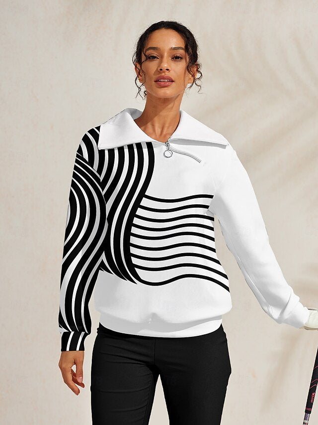 Women's Golf Pullover Sweatshirt Black with White Long