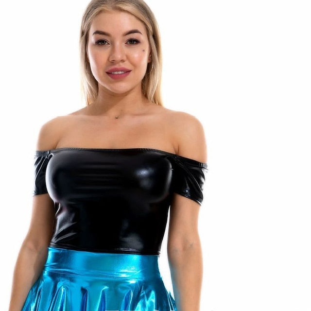 Metallic 1980s Shiny Latex Patent Crop Top PU Leather Off