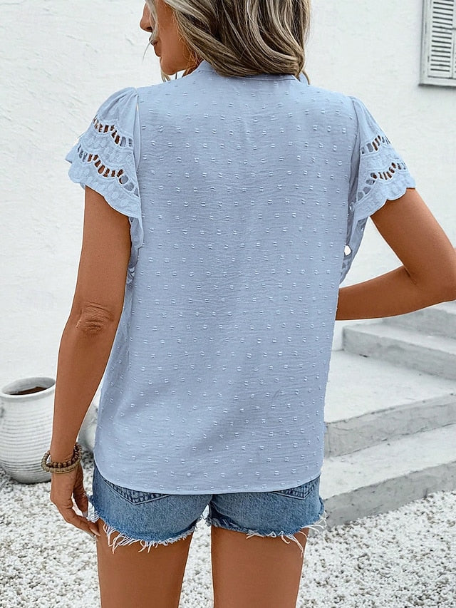 Women's Blouse Patchwork Eyelet Buttons Plain Stylish
