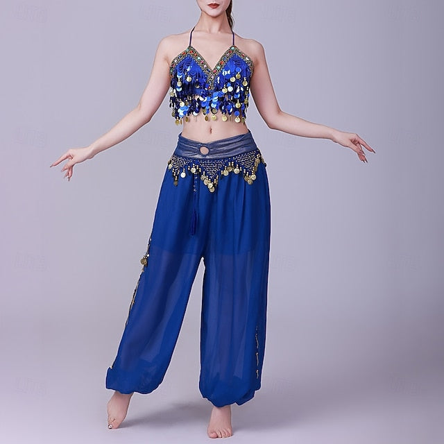 Latin Dance Top Gold Coin Pure Color Splicing Women's