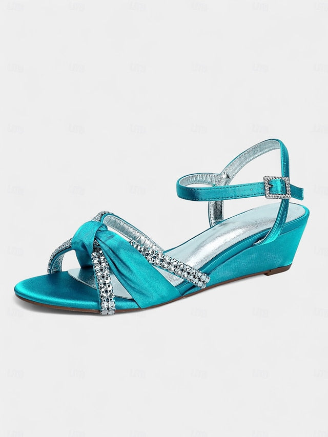 Satin Wedge Sandals Green Women's - Knot Rhinestone
