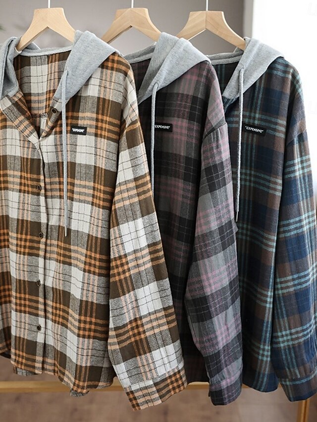 Women's Blouse Buttons Print Plaid Stylish Casual Long