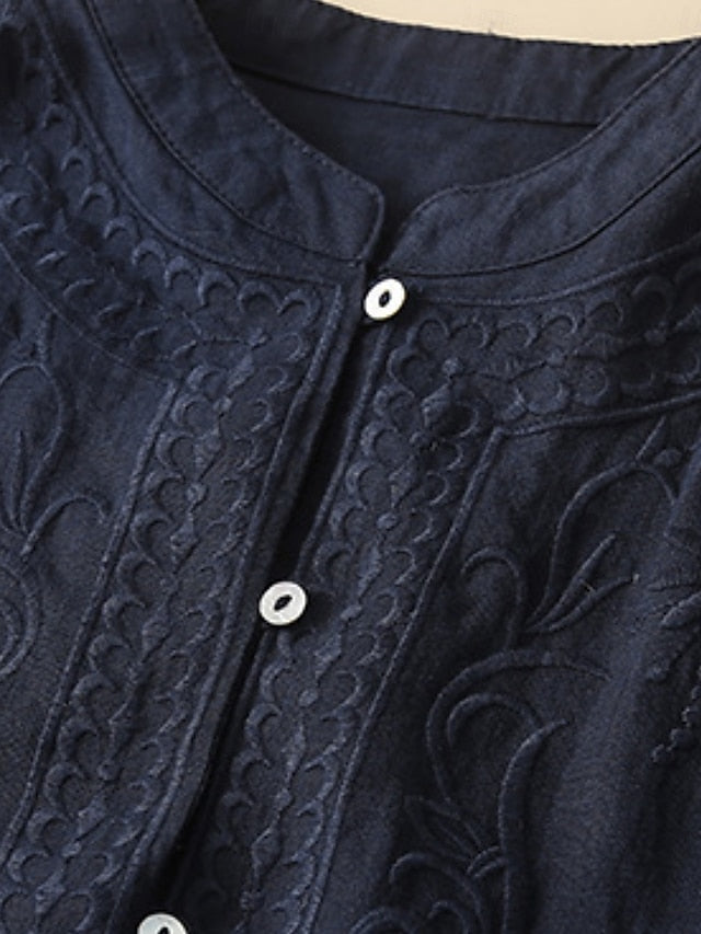 Women's Cotton Linen Blouse Embroidered Buttons Solid Color