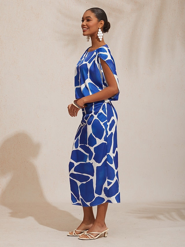 Vacation Geometric Color Block Print Fitted Satin Maxi Dress