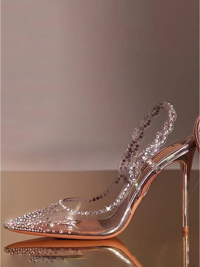 Rhinestone Pointed Heels Toe with Slingback Women's Clear