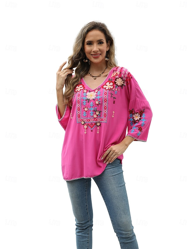 Women's Boho Shirt Embroidered Solid Color Floral Bohemia