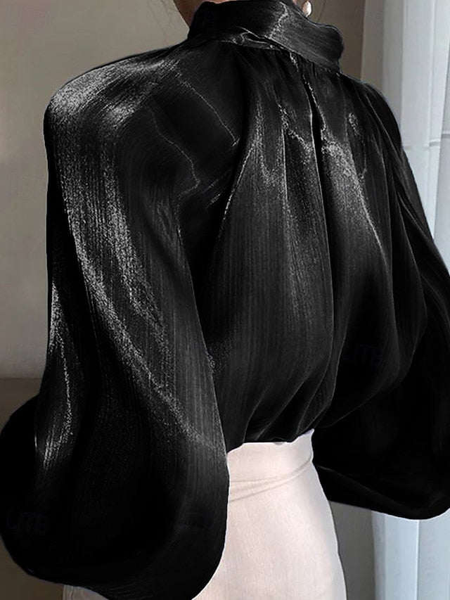 Women's Shirt Elegant Satin Top Blouse Ruched Plain Vintage