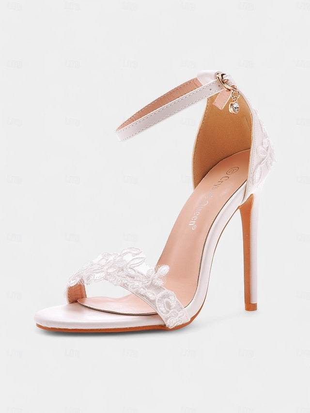 Lace Stiletto with Heels White Strap Ankle Women's Wedding