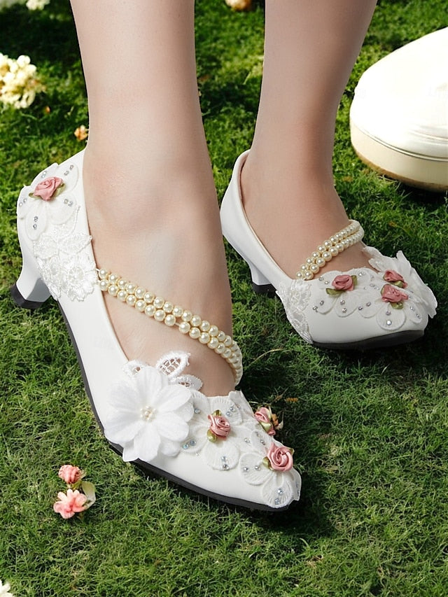 Pearl Embellished Shoes for Low White Bridal Heel Floral Strap