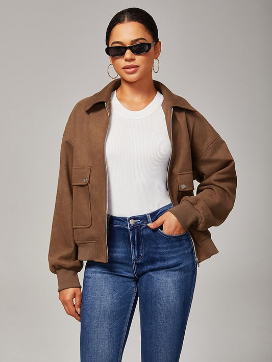 Women's Relaxed Faux Suede Zip Jacket Lapel Collar Ribbed