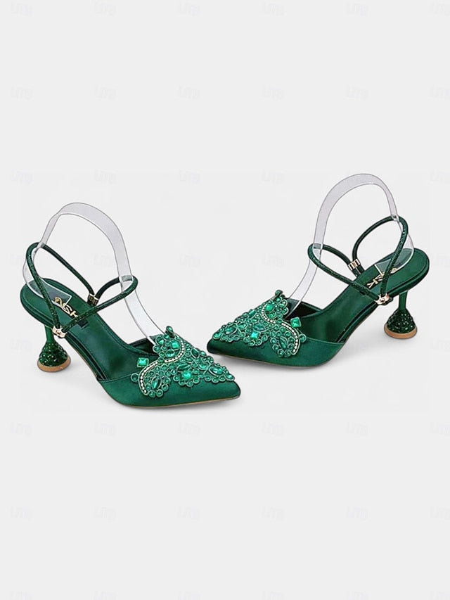 Rhinestone Toe Women's Pointed Embellished Satin Gold