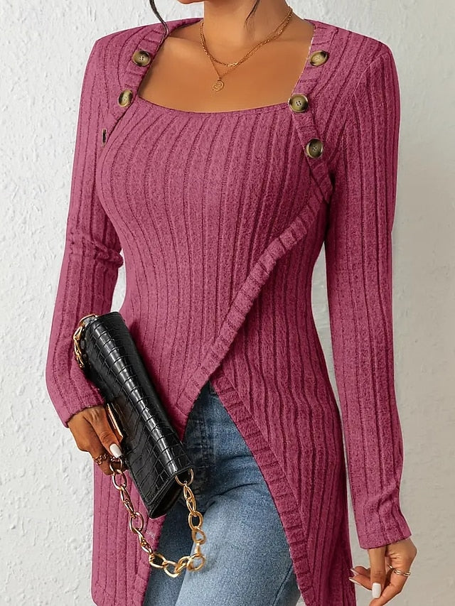 Women's T Shirt Tee Top Buttons Asymmetrical Solid Color