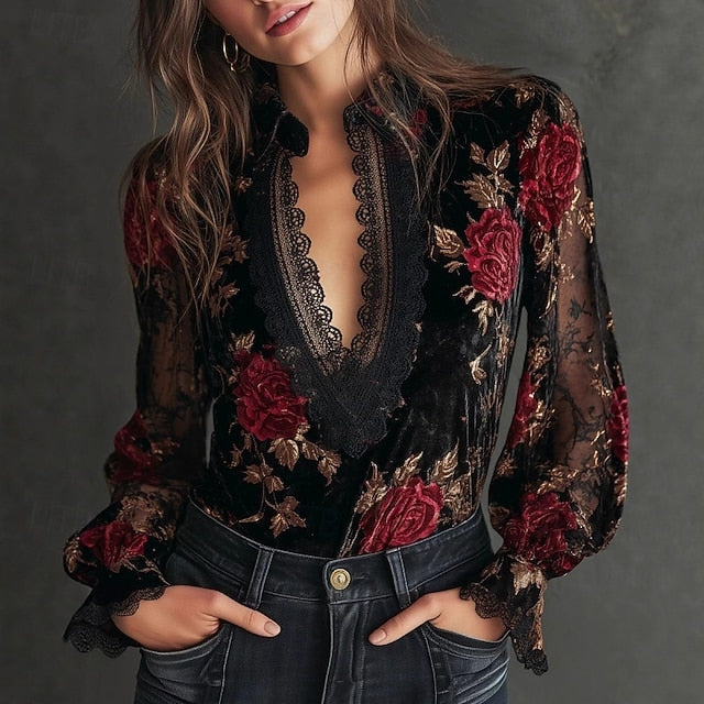 Women's Velvet Floral Lace V-Neck Blouse Long Sleeve Bell