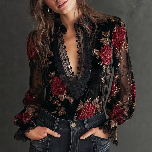 Women's Velvet Floral Lace V-Neck Blouse Long Sleeve Bell