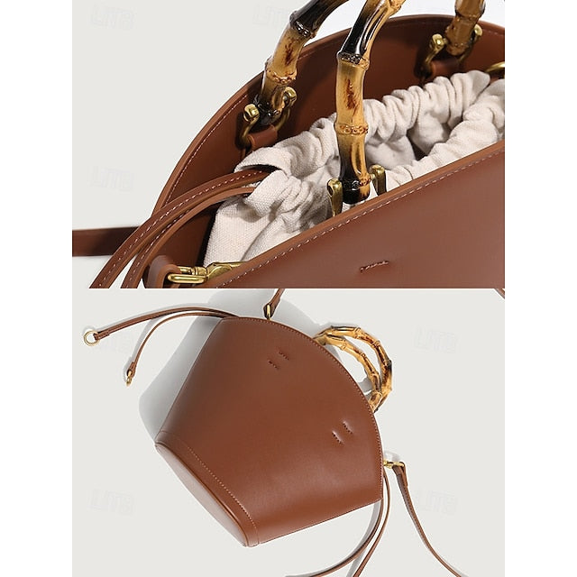 Sac seau en bambou avec anse en cuir pour femme, marron