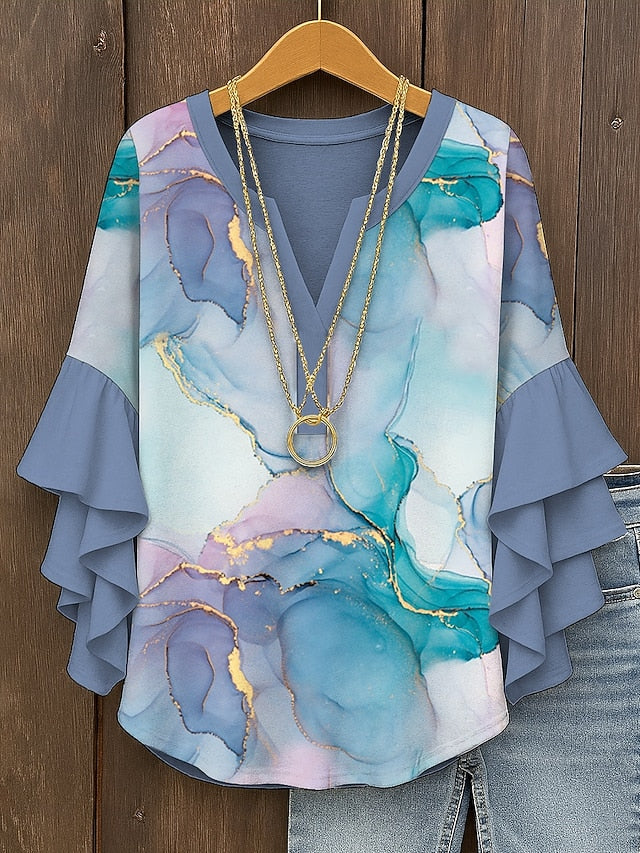 Women's Blouse V Neck Layered Ruffle Sleeve Tops Ombre