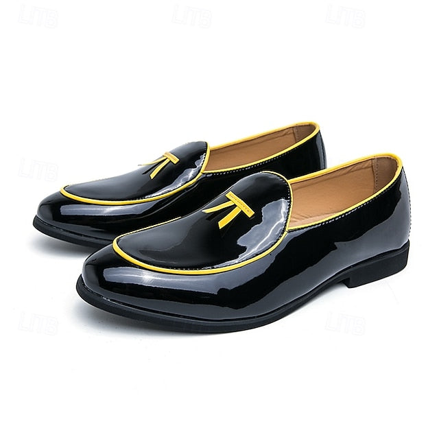 Faux Trim Black Men's Leather Patent Loafers Yellow with
