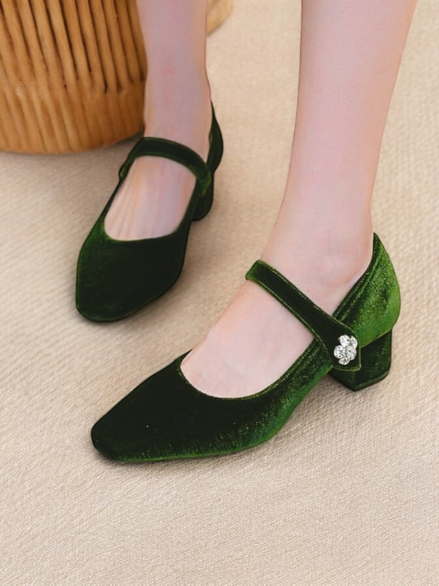 Green Women's Mary - Jane Block Toe Velvet Pumps Square