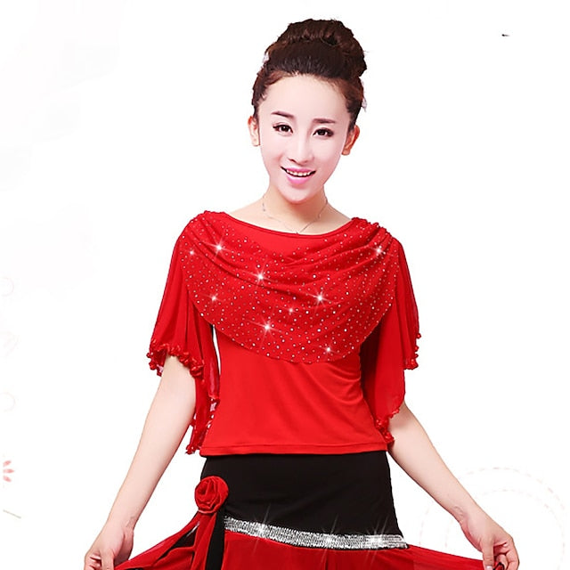 Latin Dance Ballroom Dance Sparkle Top Ruffles Pure Color
